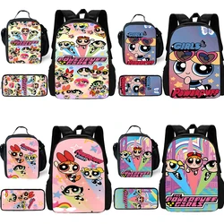 Conjunto de 3 piezas de Anime Powerpuffs para niños y niñas, mochila escolar con fiambrera, bolsas de lápices, mochilas escolares, el mejor regalo