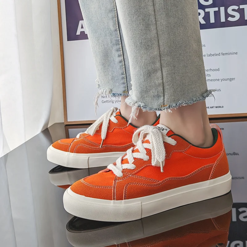 Hot Sale Low-top Canvas Sneakers Men Fashion Orange Skateboard Shoes Breathable Casual Flat Vulcanized Sneakers Men Canvas Shoes