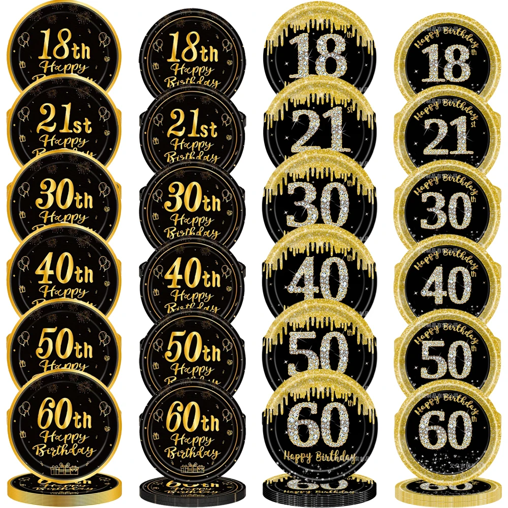 8/40pcs 7inch and 9inch Black and Gold Happy Birthday Disposable Paper Plates Birthday Party Decor Supplies Dessert/Salad Plates