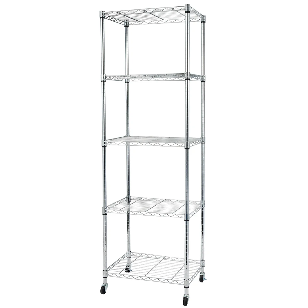 5-Tier NSF Heavy Duty Adjustable Storage Metal Rack with Wheels & Shelf Liners Ideal for Garage, Kitchen, and More - Chrome