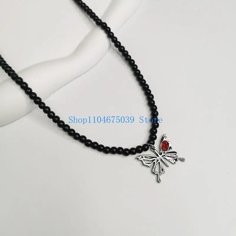 5ASD الفني الأسود الكريستالي بلبس سلسلة عنق القلادة يجمع بين القلب والفراشة تصاميم لإلقاء نظرة غامضة #4
