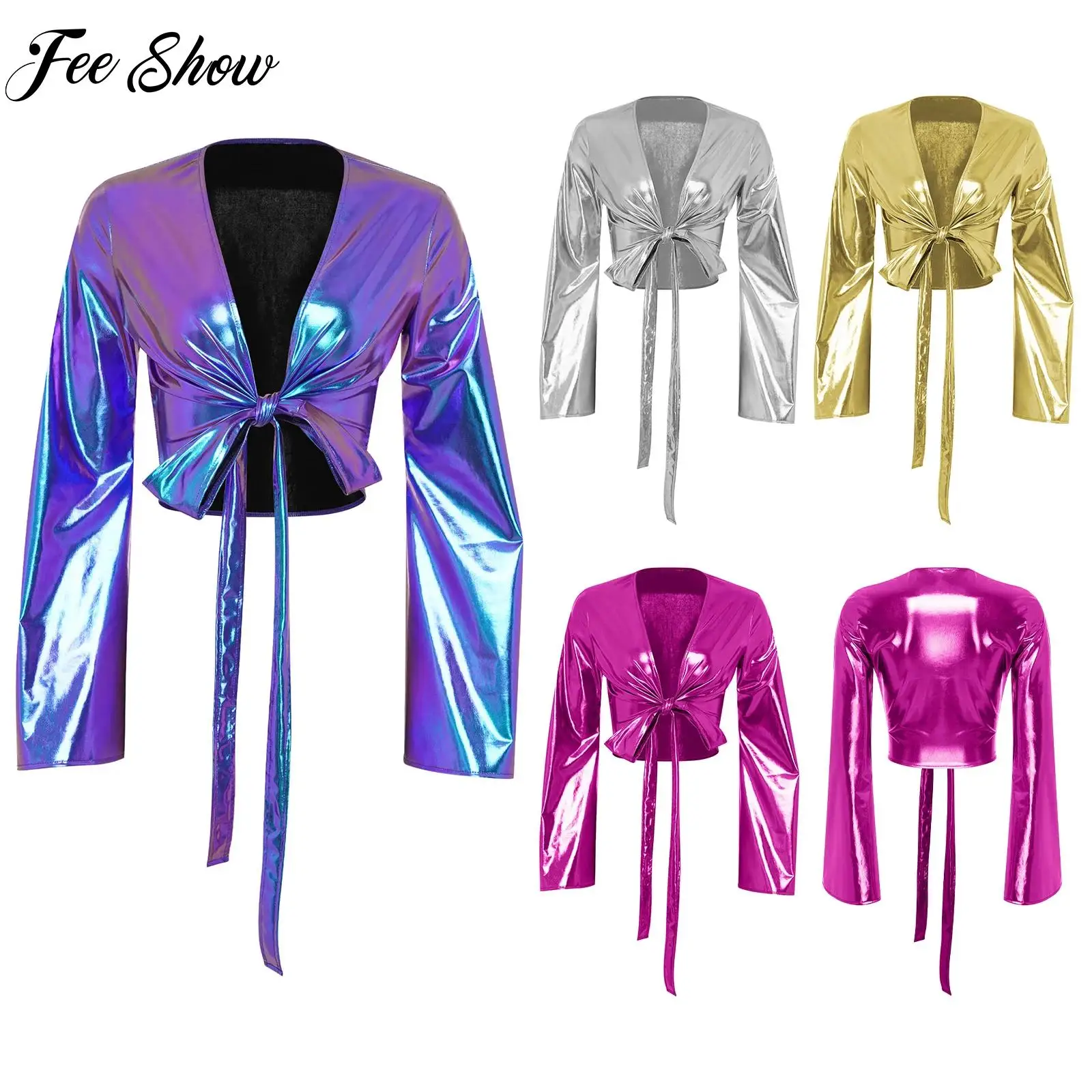 ملابس علوية نسائية عصرية برباط علوي ملفوف معدني ملابس حفلات الكرنفال وأكمام طويلة متوهجة غطاء علوي قصير لليوجا والتمارين والرقص #1