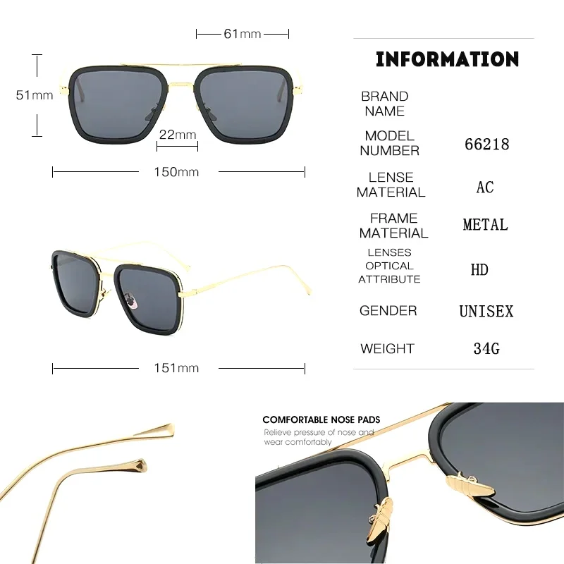 Sun Glasses Fashion Square frame Tony Stark Style Women Sunglasses Men Square Brand Design Sun Glasses Oculos Retro Male Iron view 2