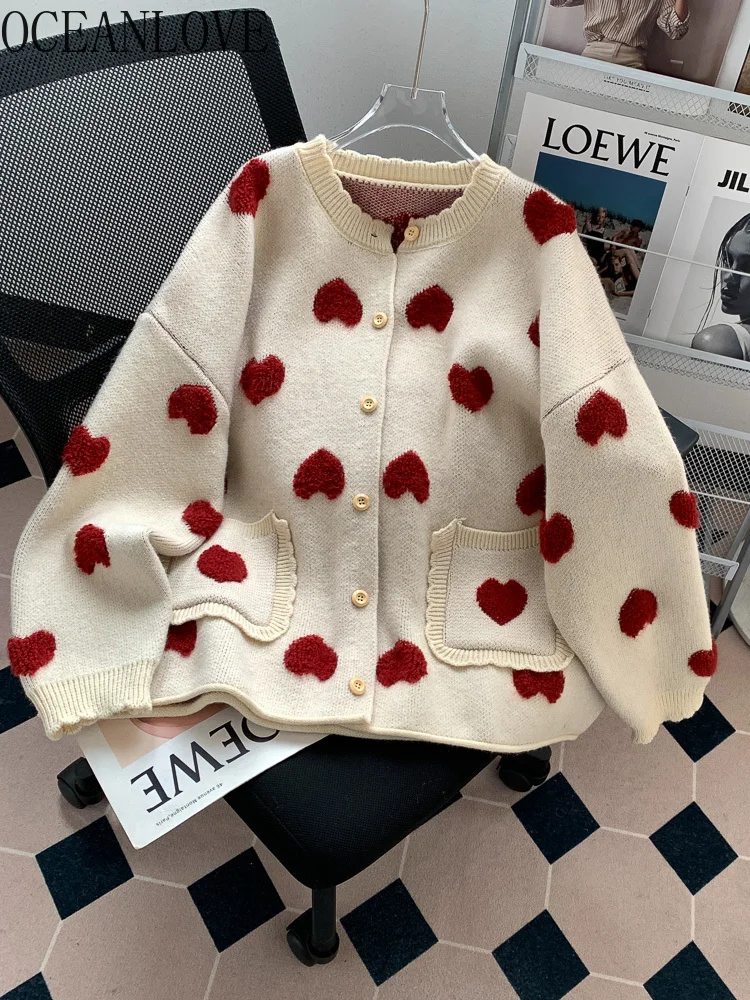 OCEANLOVE Hearts Women Sweaters Sweet Autumn Winter Korean Fashion Thick Cardigans Warm Vintage Loose Cute Sueter Mujer