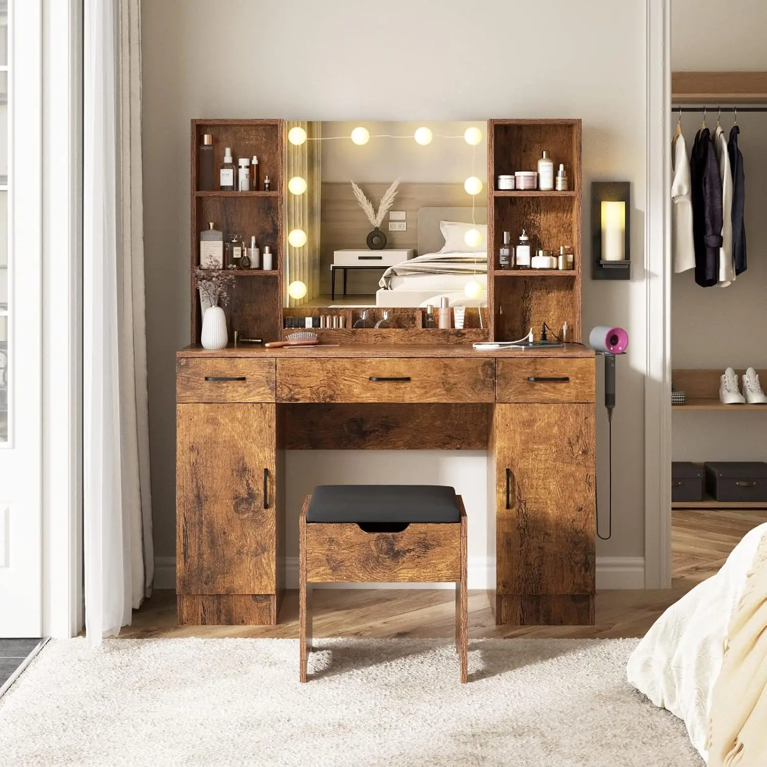 Rustic Farmhouse Bedroom Makeup Vanity Desk, Brown, with Lighted Mirror, Power Strip, 3 Lighting Modes & Adjustable Brightness