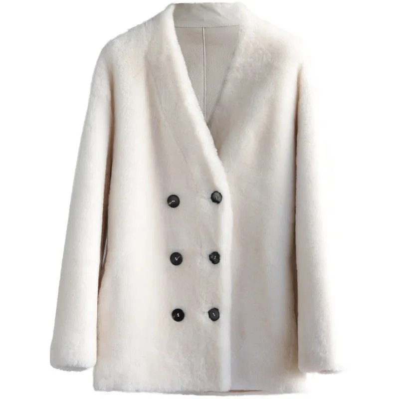 

2025 imported Australian merino wool fur integrated fur coat medium and long V-neck double-breasted coat
