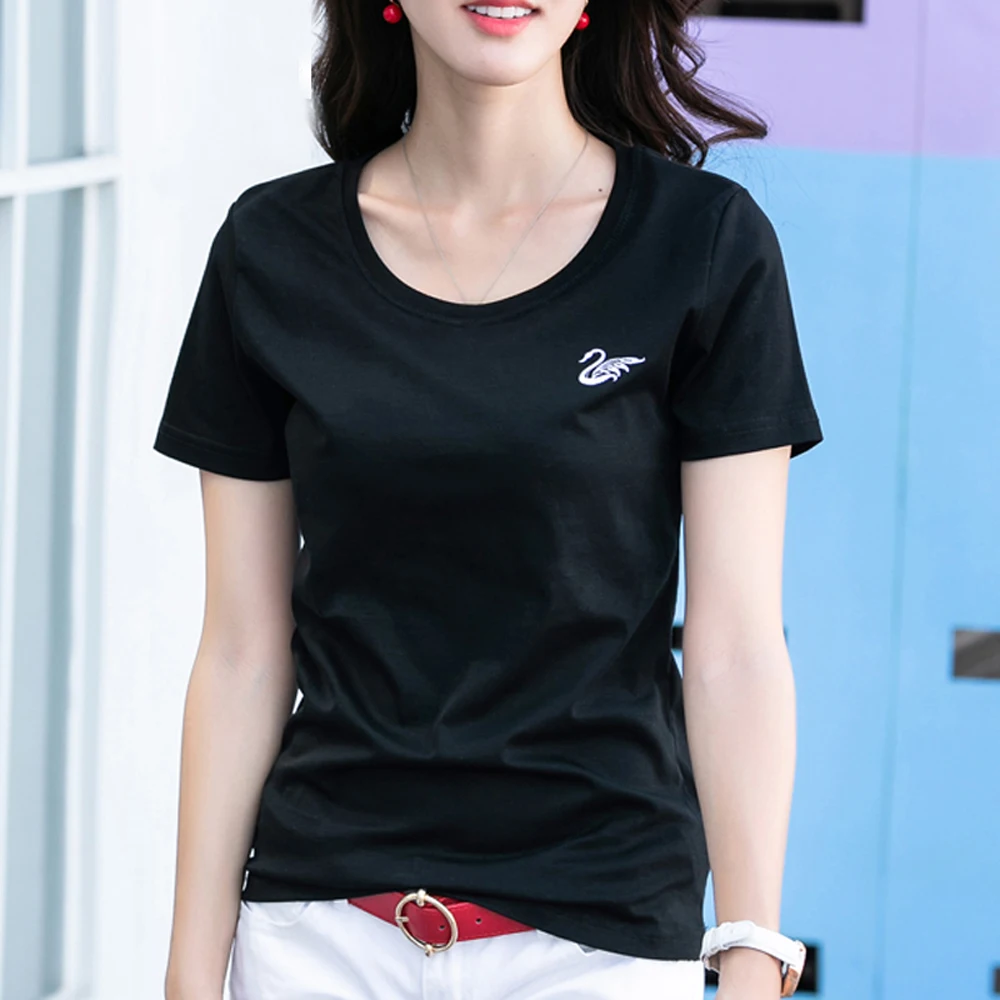 Silk cotton T-shirt women's 80 count double-sided pure cotton short sleeved versatile basic embroidered swan short sleeved shirt