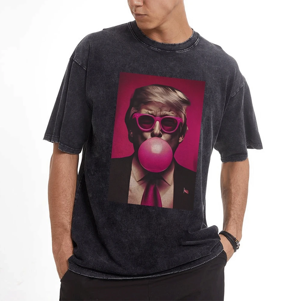 Trend Us President Trump Graphic Printing T-Shirt Retro Washed Denim Fabric 2024 New Loose Shoulder Short Sleeves image 2