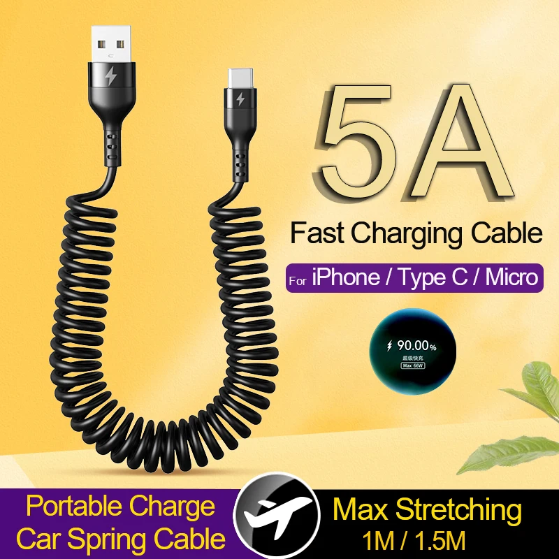 

5A 66W USB Type C Spring Car Fast Charging Cable For Xiaomi Redmi POCO Realme Samsung Huawei Mobile Phone Accessories For iPhone