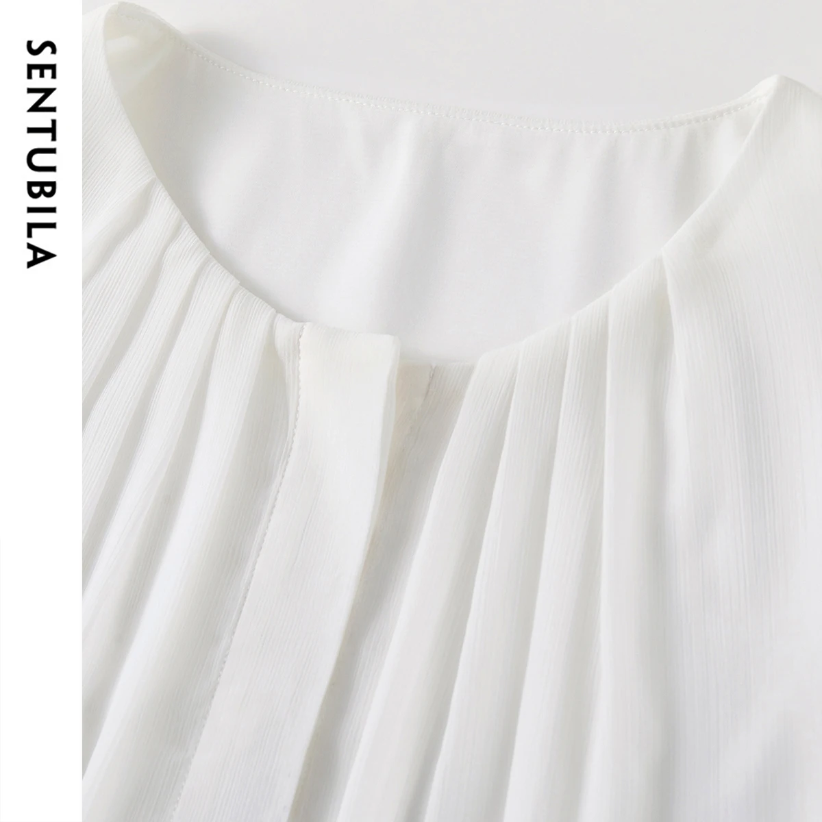 SENTUBILA Chiffon Shirt Summer Pinch Pleated Round Neck Blouse Women 2025 New Collection White Top Women's Clothing Q52VA1868