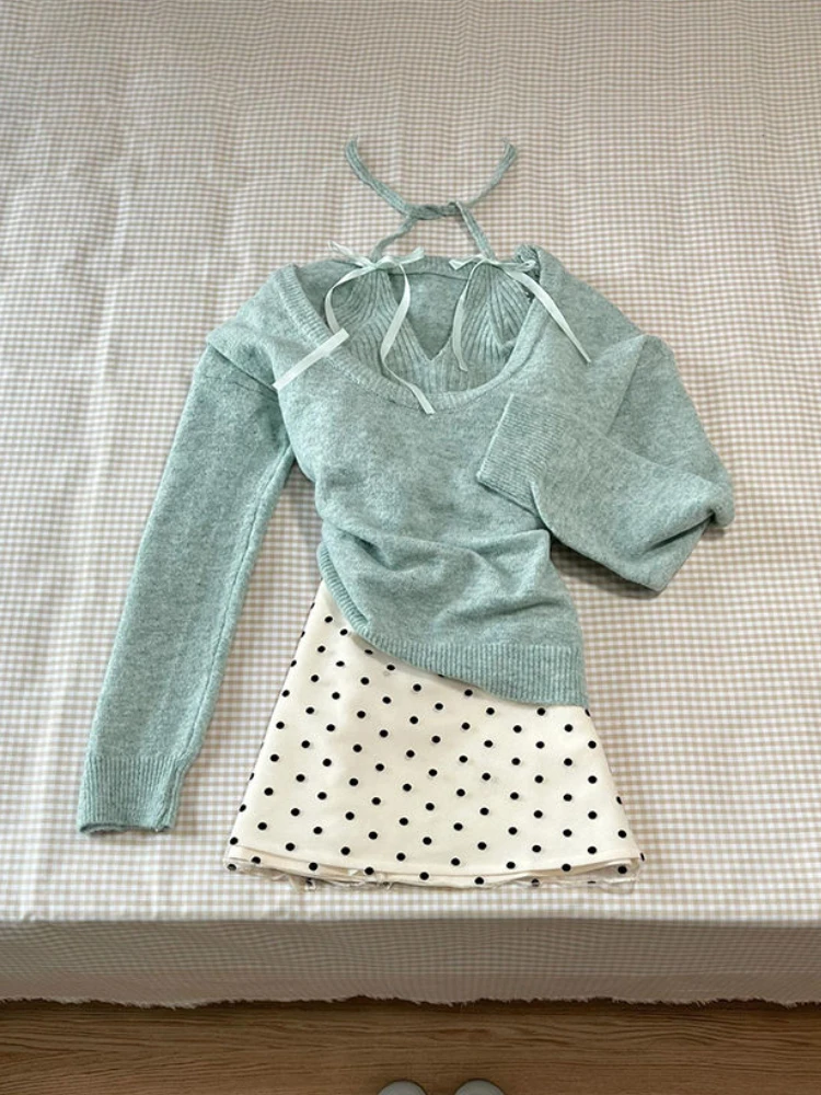 Autumn Winter Elegant 3 Piece Set Woman Green Casual Vert +  Loose Sweater + Y2k E-girls Dot Mini Skirt Korea Style Suit