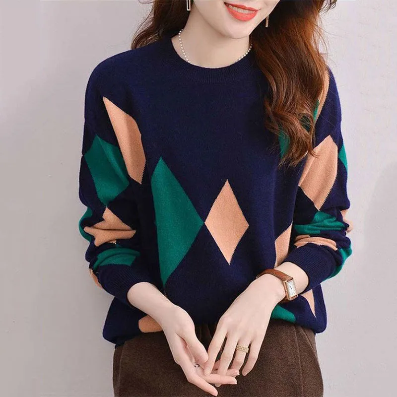 New Korean Version Diamond Plaid Round Neck Sweater Base Thickened Patterns Retro Warmth Trendy Versatile Long Sleeved Knit Top