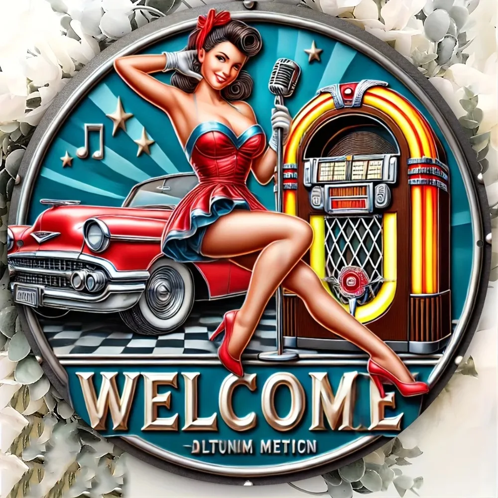 Vintage „Welcome to My Concert“ Eisen-Wandkunst – glamouröse Mikrofonfrau, runde Dekoration für Zuhause, Bar, Café und Schlafzimmer