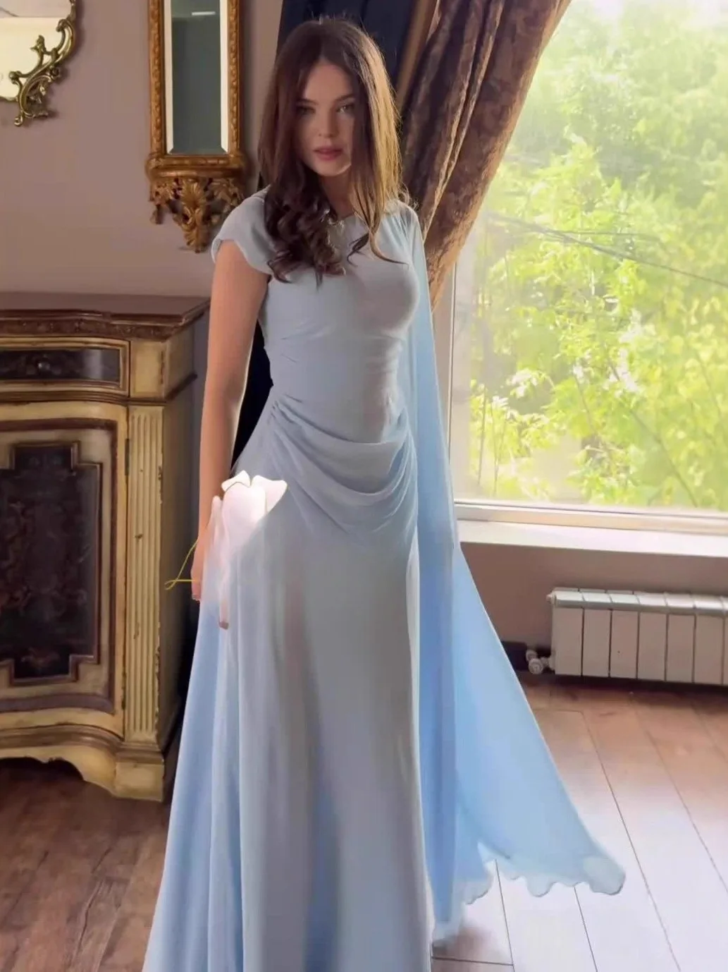 

Elegant Wedding Party Design Short Sleeve Long Dress Comfortable Waist Cinched Women's Dress Polyester Fiber 100% Pure Color