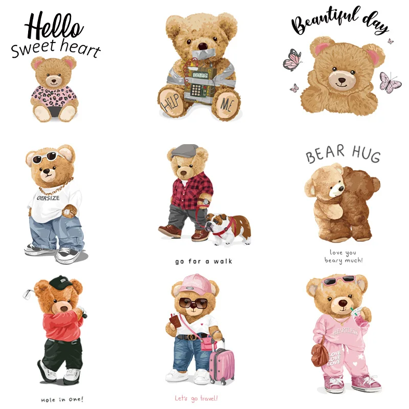 

9piece Cute little bear Iron-On Transfers Patches Iron On Clothing Children Heat Printed Stickers for T-Shirt Decal Patch