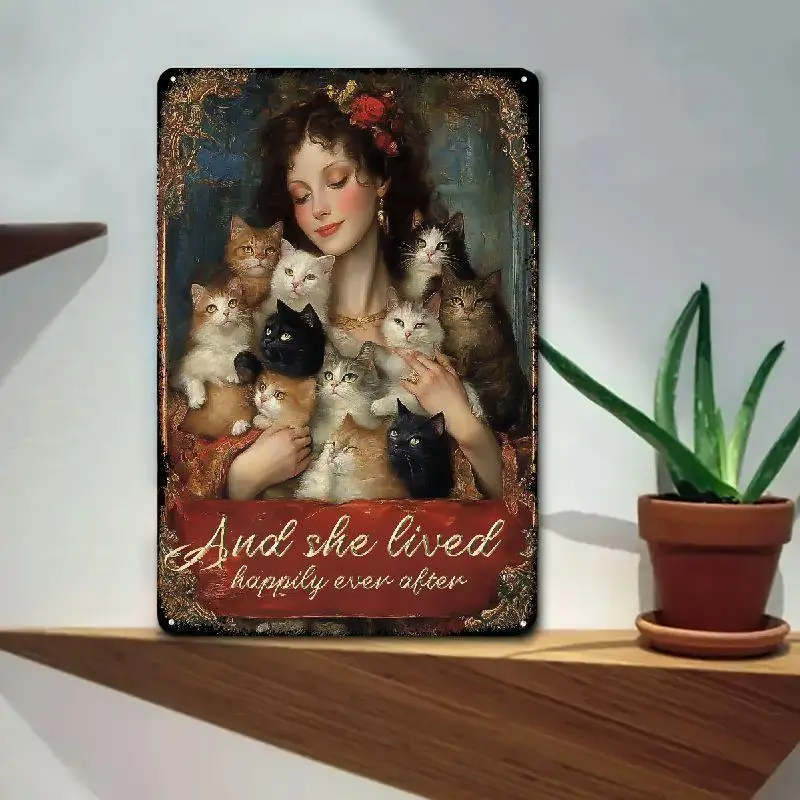 （2D Tin painting）Vintage Cat-Themed Iron Wall Art- 