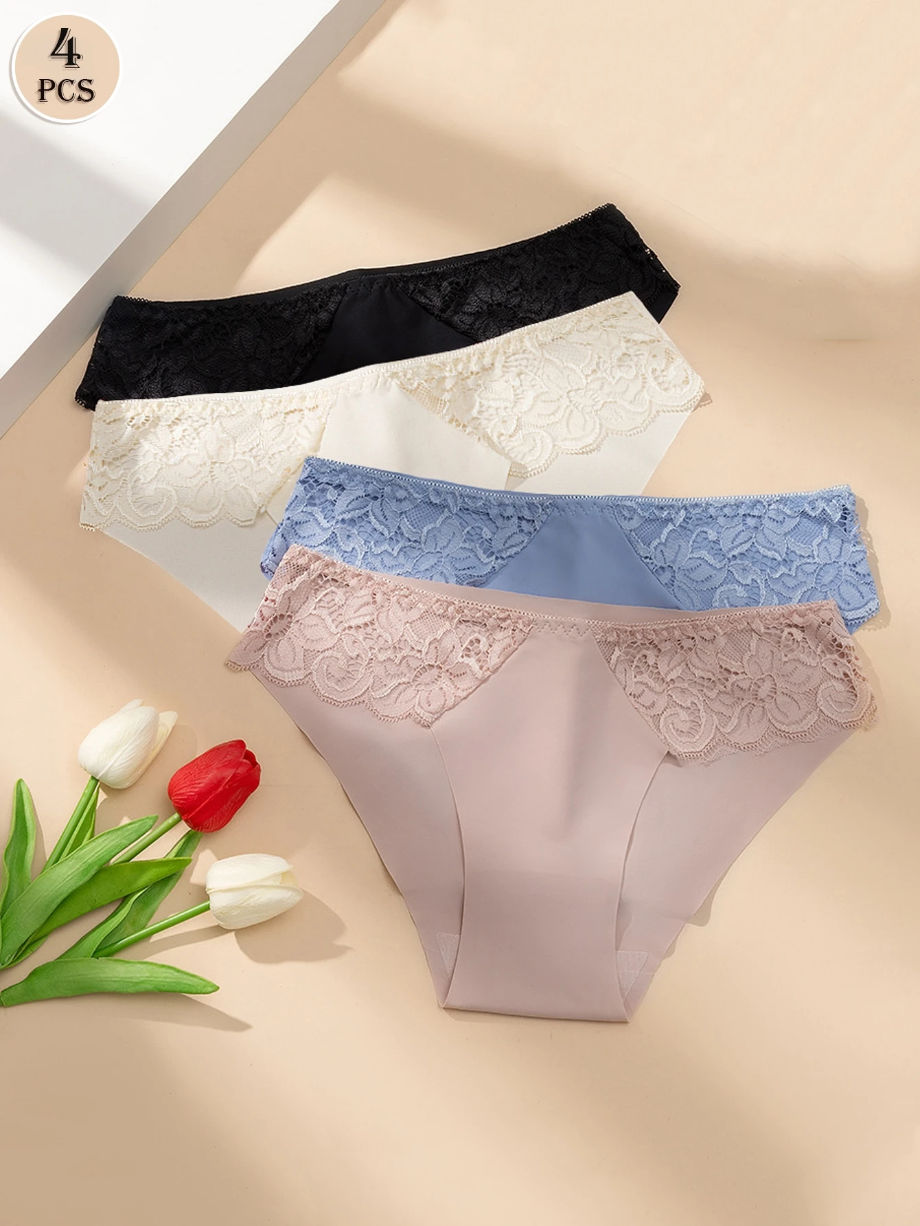 Lot de 4 culottes bikini invisibles en soie glacée avec dentelle pour femme, confortables au quotidien