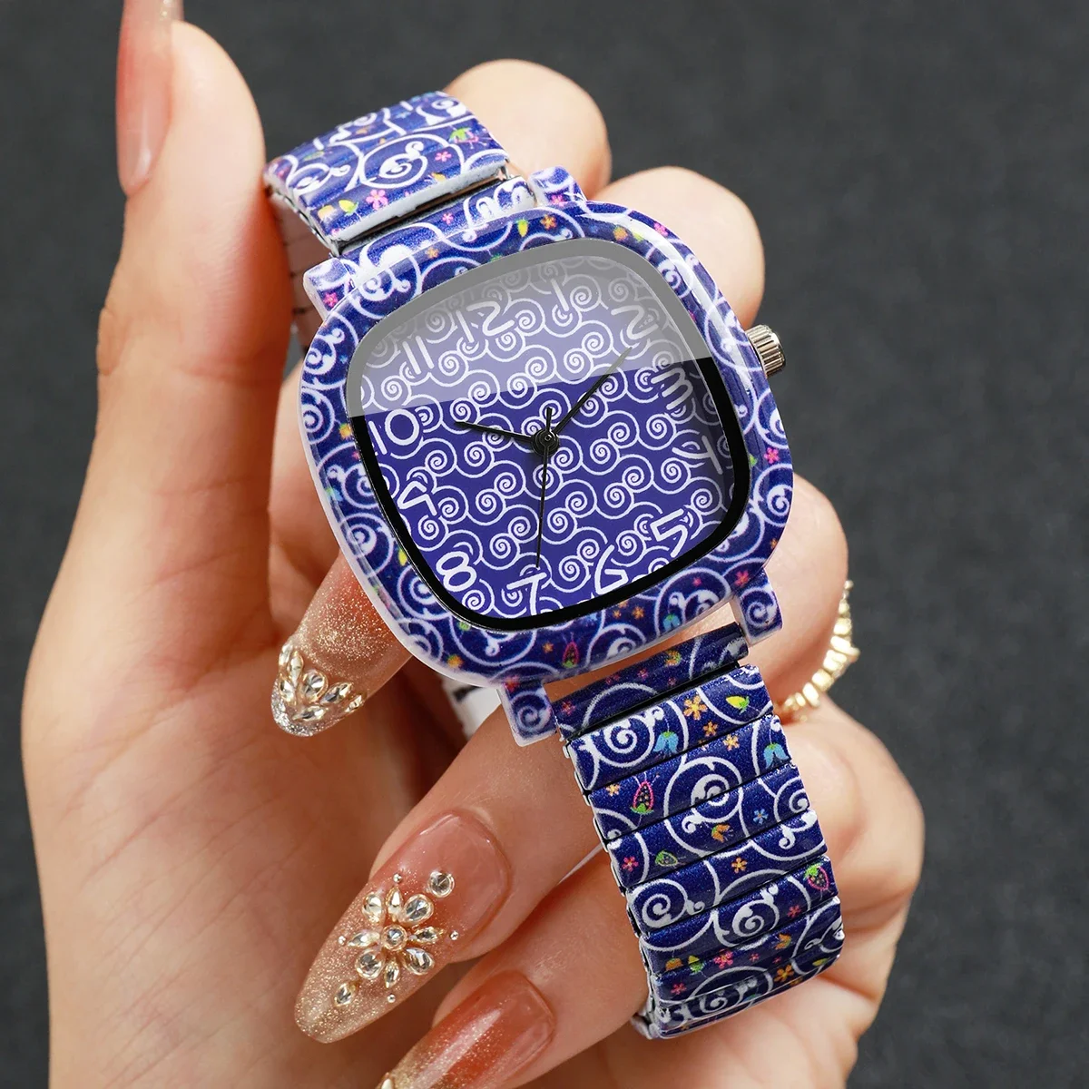 Fashion Square Blue Swirl Print Women Watches Elastic Stretch Strap Ladies Wristwatches Relogio Feminino（Without Box）