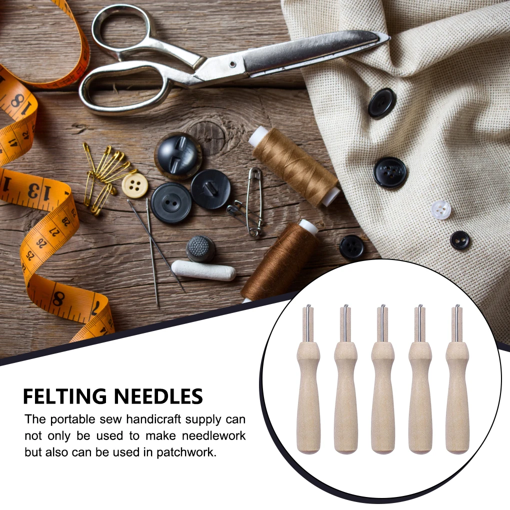5pcs Wooden Handle Holder with Felting Needles DIY Craft Sewing Needlework Felt Hand Needles Tool