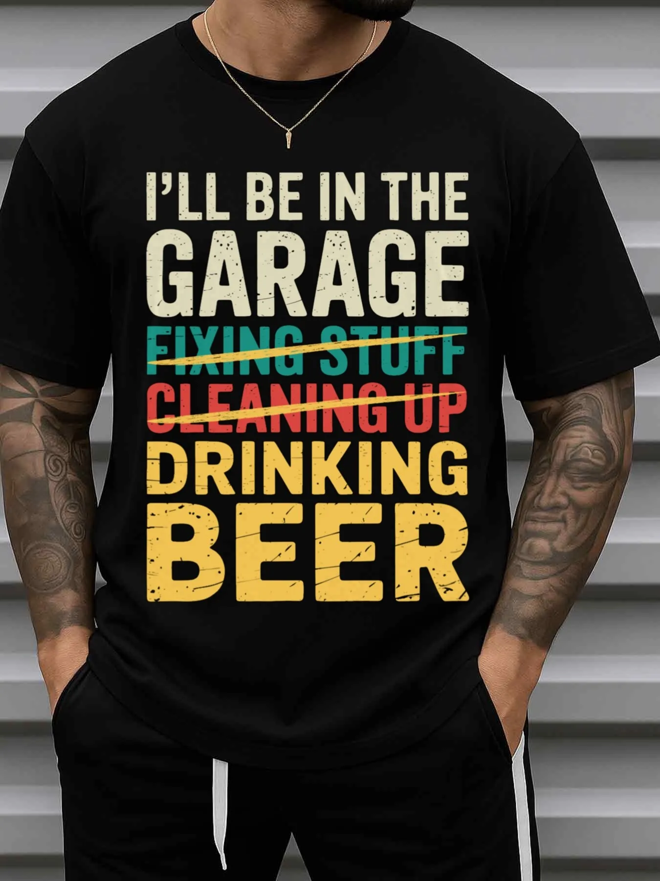 Men's Funny Garage Drinking T-Shirt - I'Ll Fix Things in the Garage and Drink Beer Slogan Print, Black T-Shirt, Regular Fit Casual Shirt, Suitable for Caves, Parties, and Men's Gifts (Humorous Gift Idea)