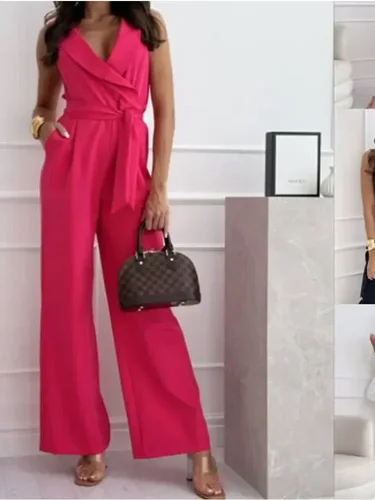 Imagen 2 del producto Primavera/otoño mujer viajero mono con tirantes de cintura alta con piernas anchas sin mangas solapa Casual vacaciones mono de mujer