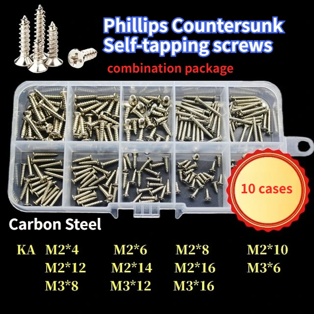 M2 M3 M4 Carbon Steel KA Small Cross Phillips Countersunk Flat Head Self-tapping Screws Wood Screw Set