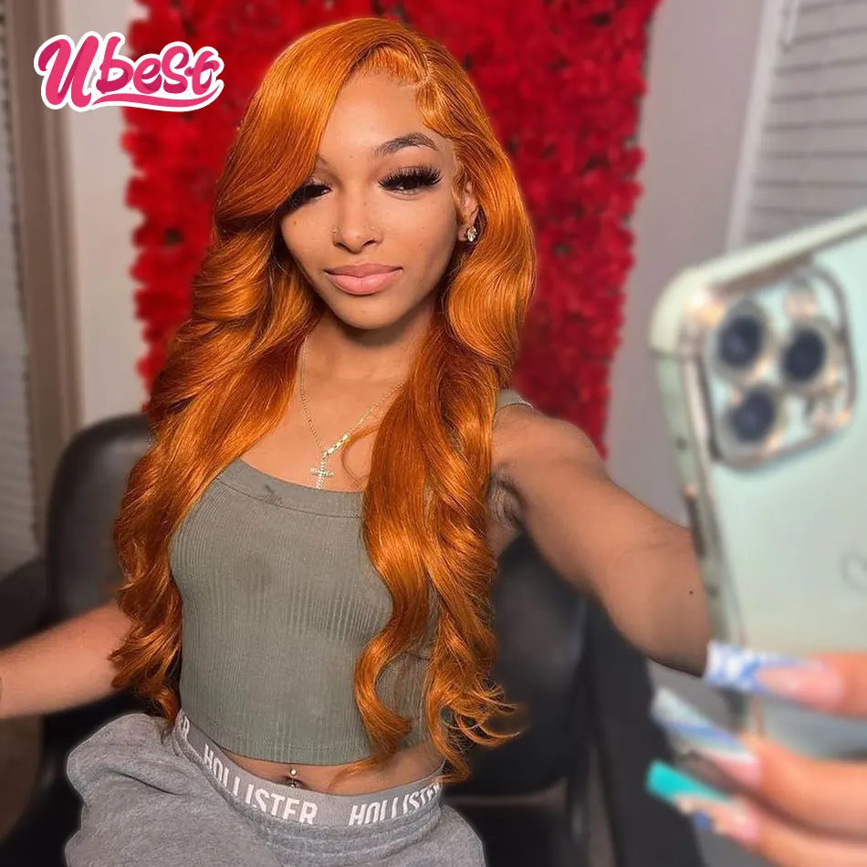 

Orange Brown Lace Front Human Hair Wig Body Wave 13x6 Transparent Lace Frontal Wig Ginger Colored Pre Plucked Remy Wig For Women