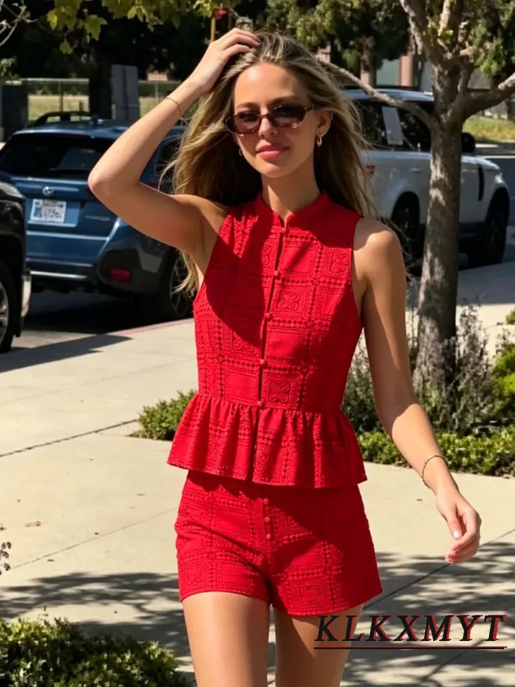 Women Elegant Knit Embroidery Hollowed-Out 2 Pieces Sets New Fashion Office Wrinkled Hem Vest Top+Short Two Piece Set Red Outfit image 4