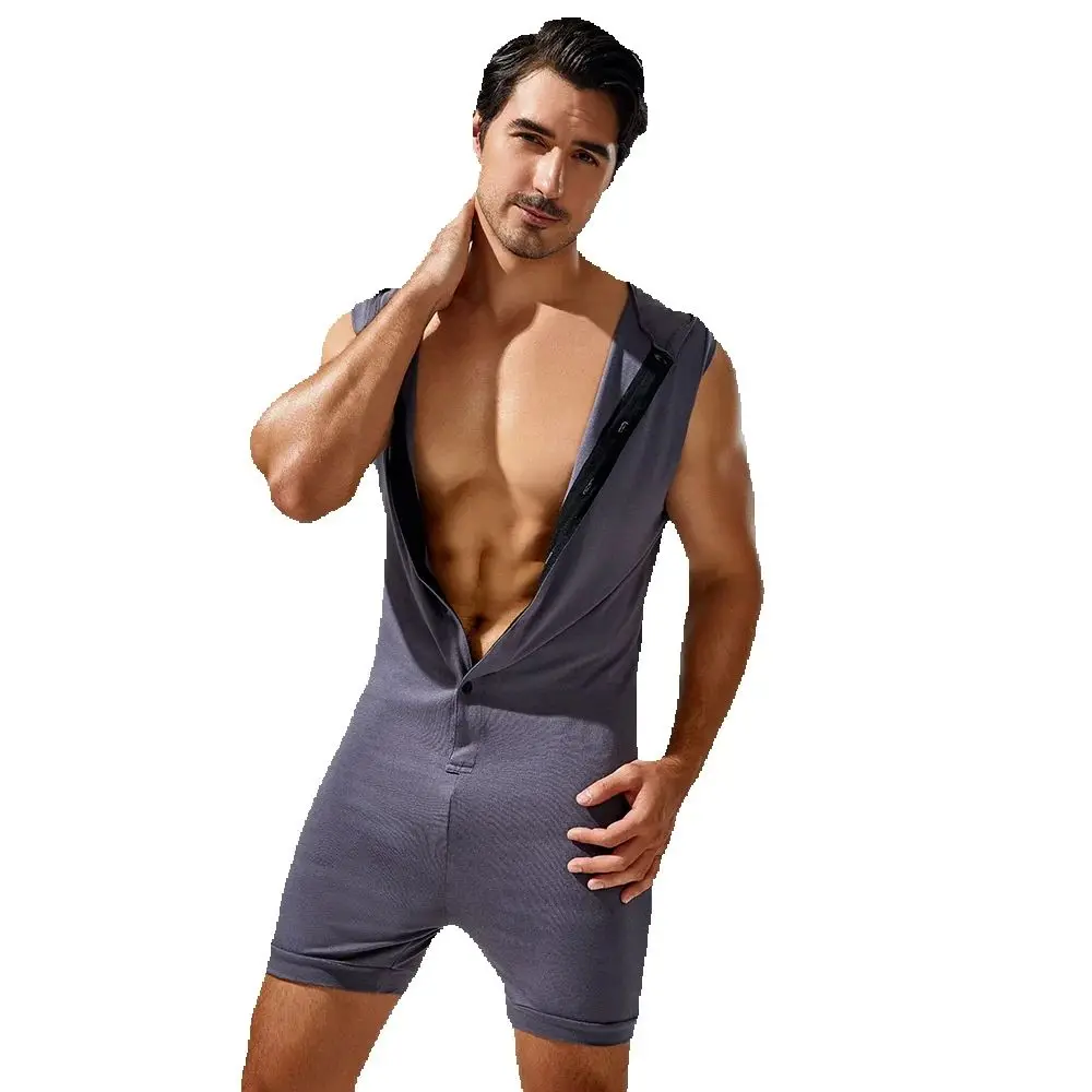 Men's Sexy One Piece Bodysuit Sleeveless Hooded Button Modal Jumpsuit Male Elastic Tight Fitting Short Pants Pajamas Jumpsuits