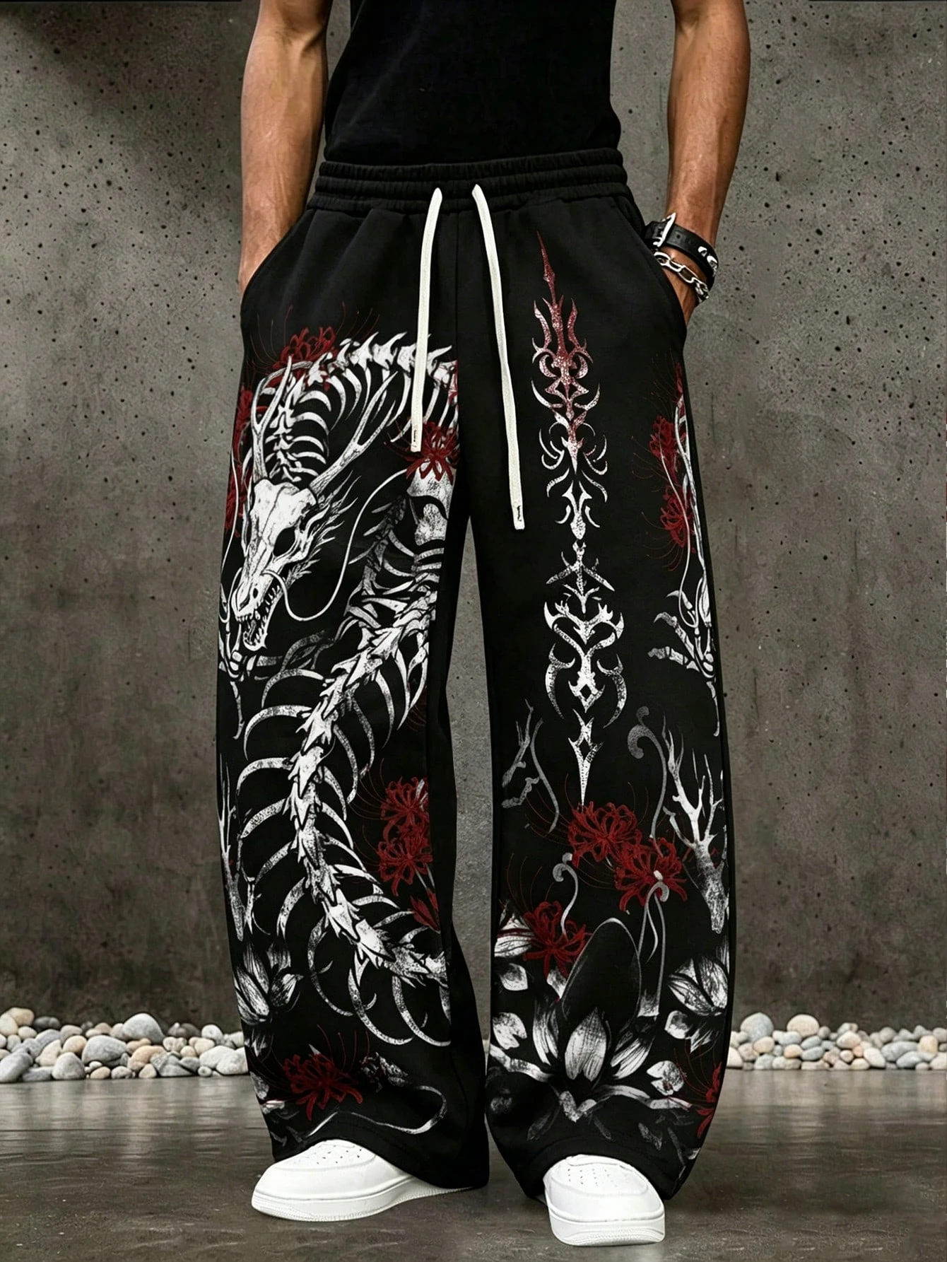 Men's Dark Style Eye-catching Graffiti Printed Wide Leg Pants with Elastic Drawstring, Street Casual Sports Pants