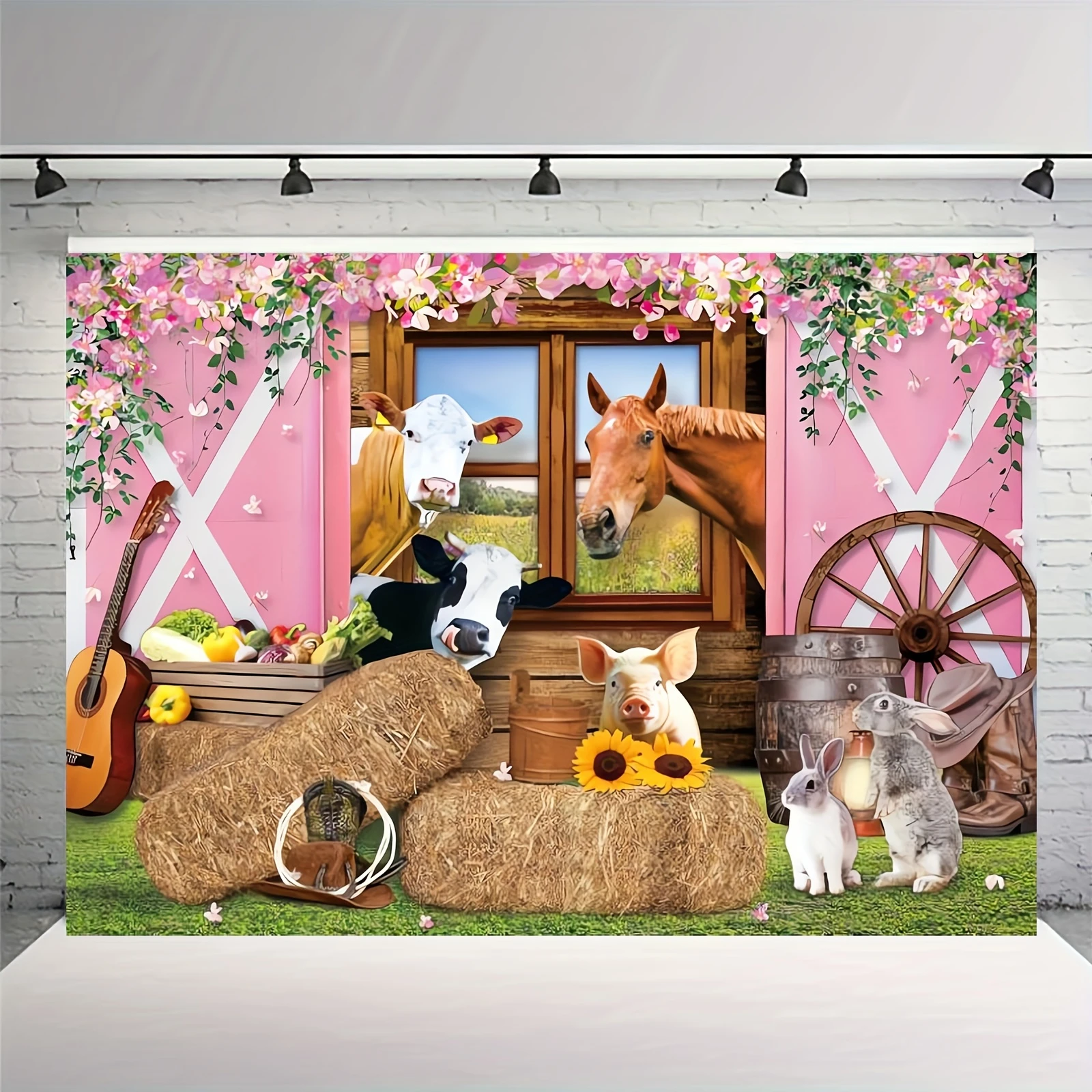 1 Stück Bauernhof rosa Scheune Hintergrund Stoff Cowgirl Holztür Tier Blume Fuß rustikale Bauernhaus Teller Kuh Geburtstag Foto Hintergrund