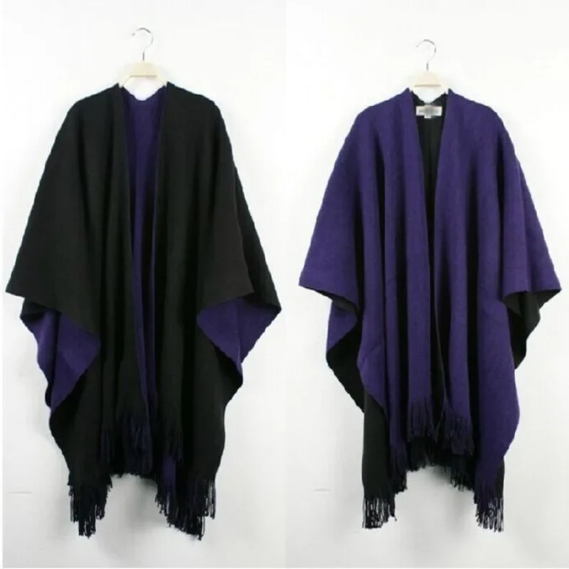 Women\'s Fashionable Print Shawl Cape Poncho with Double-sided Fringe Knit and Split Hem Capes & Ponchos Feminino Capes Q352