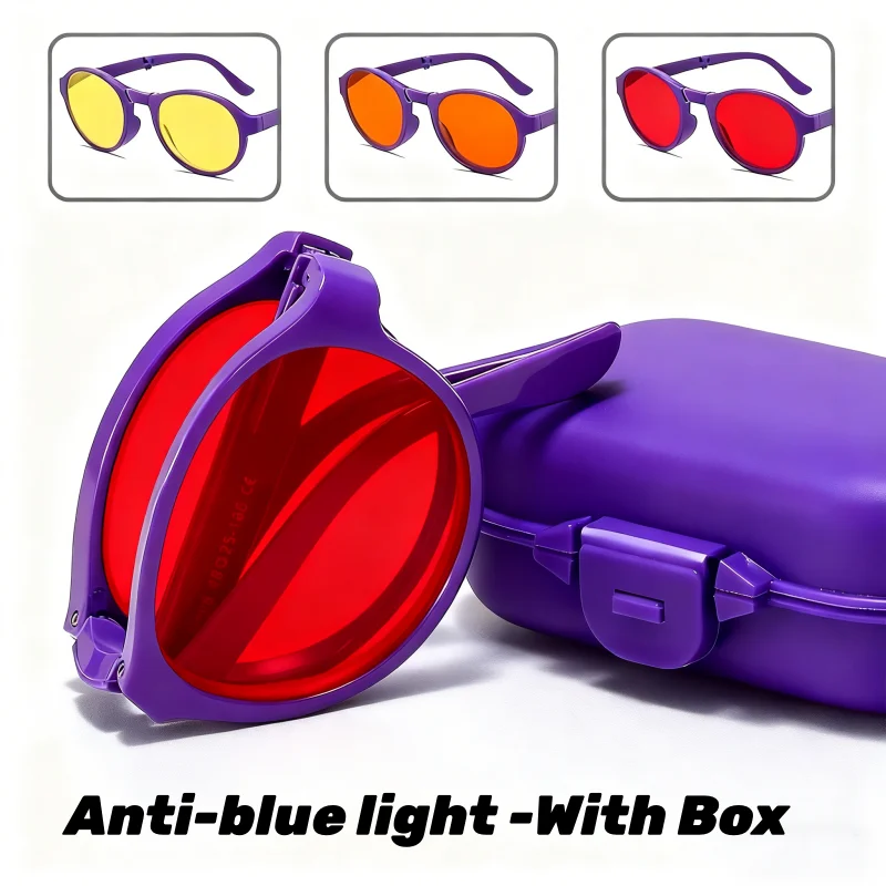 

Unisex Retro Round Frame Portable Folding Night Vision Glasses with Case Orange and Red Lens Blue Light Blocking Goggles