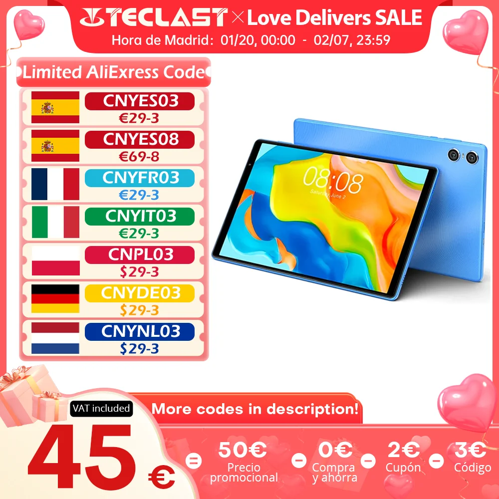 Teclast P26T tablet, 4GB RAM(+ 4GB RAM expansion), 64GB/128GB ROM (support TF 1TB), Android 13, Allwinner A523, 8 cores, 10,1 inch, 2MP & 5MP camera, 5000mAh, Type C, BT 5.2, G57 GPU