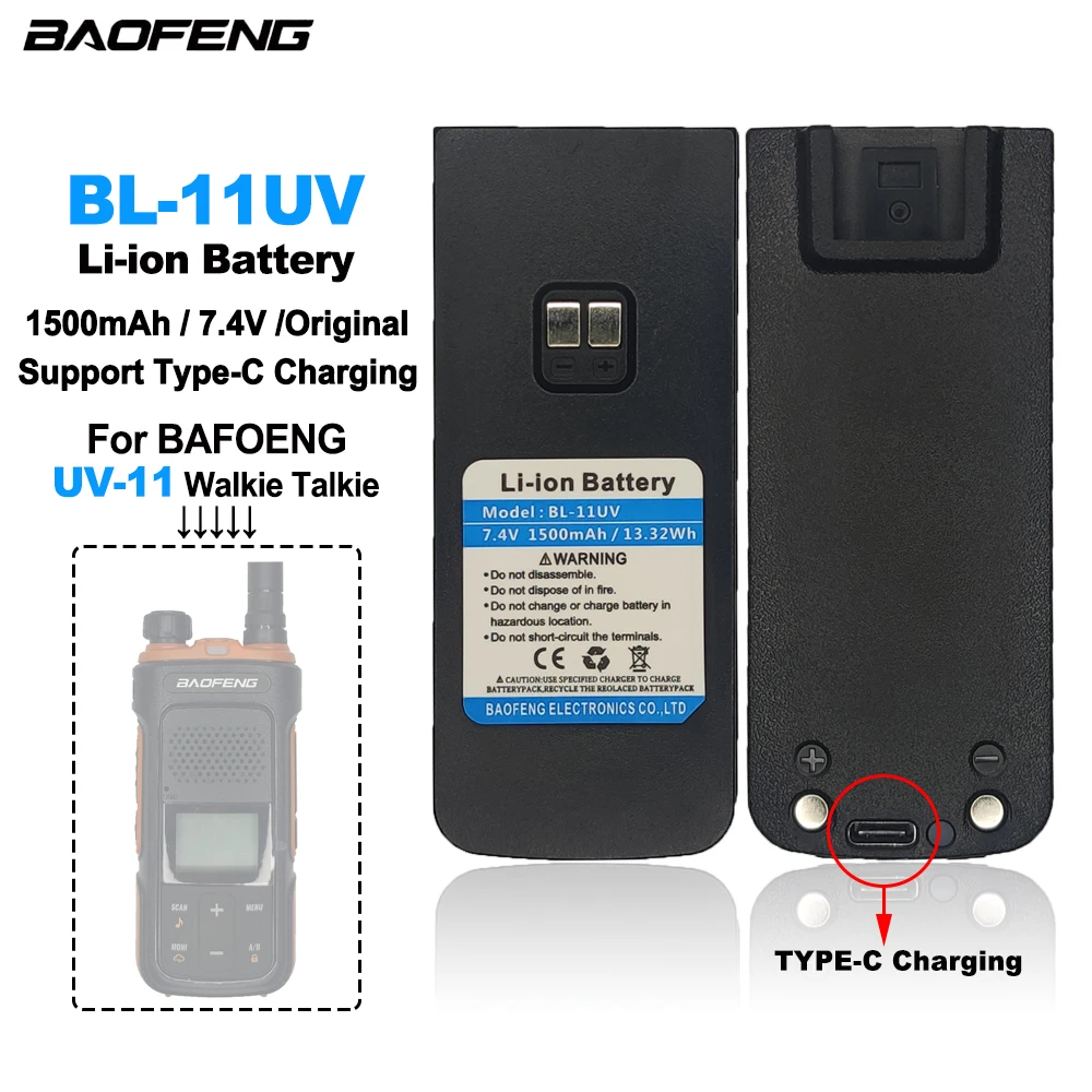 

BL-11UV BAOFENG UV-11 Walkie Talkie Li-ion Battery 1500mAh 7.4V BF-UV11 Two Way Radios Extra Replacement Battery Type-C Charging