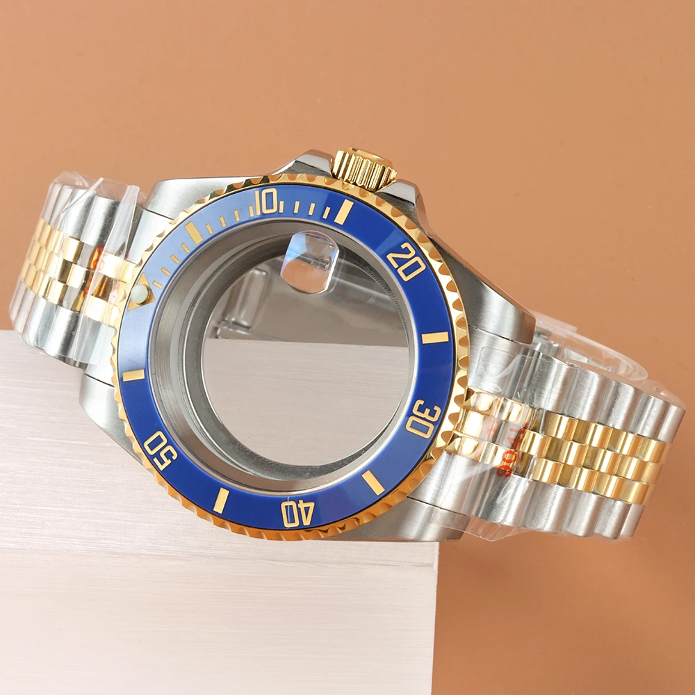 

40mm NH35 Gold Watch Case Dark Blue Ceramic Bezel Sapphire Glass For SUB GMT NH34 NH35 NH36 NH38 Movement Oyster/Jubilee Strap
