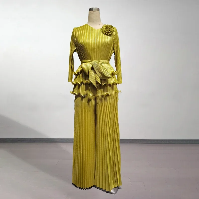 KAF 2025 primavera nuevo traje de mujer Color sólido cuello pico manga larga empalme Top cintura alta Casual pantalones de pierna ancha sueltos