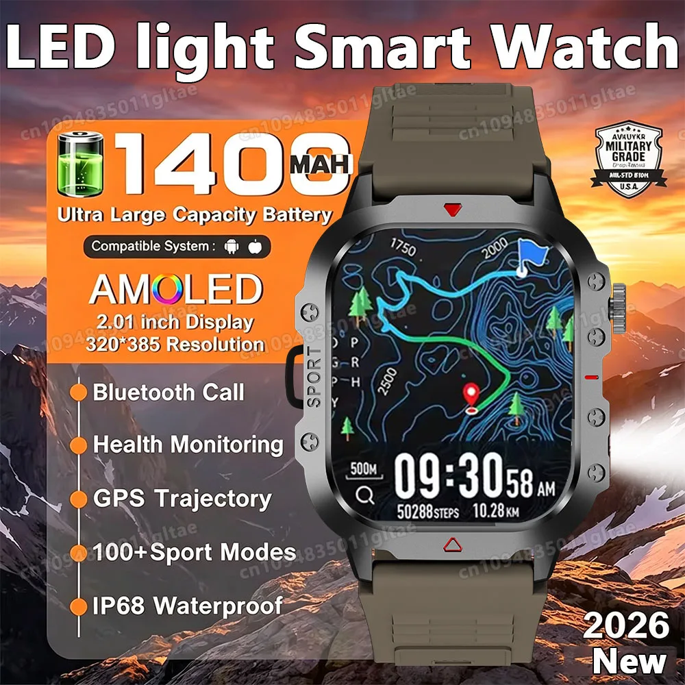 2026 New Military Smart Watch Men IP67 3ATM Outdoor Sports Fitness Tracker Blood Pressure Health Monitor BT Calls GPS Smartwatch