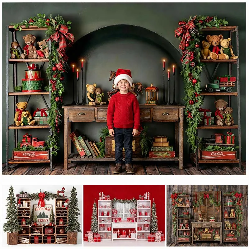 LS Photography Background Christmas Indoor Cabinets Bear Gifts Xmas Tree Kids Family Portrait Decor Backdrop Photo Studio