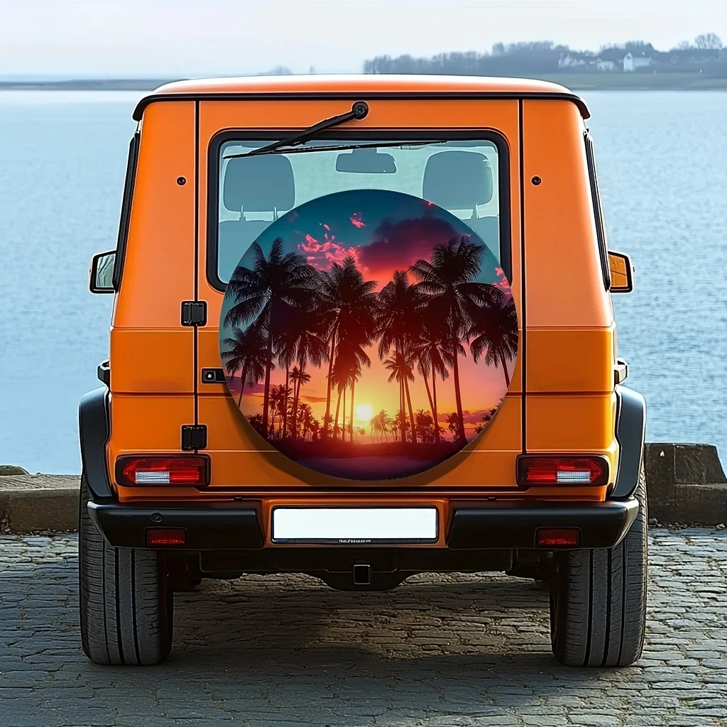 1pc Tropical Palm Tree Sunset Design Waterproof Spare Tire Cover, Machine Washable Fabric, Universal Fit for Auto