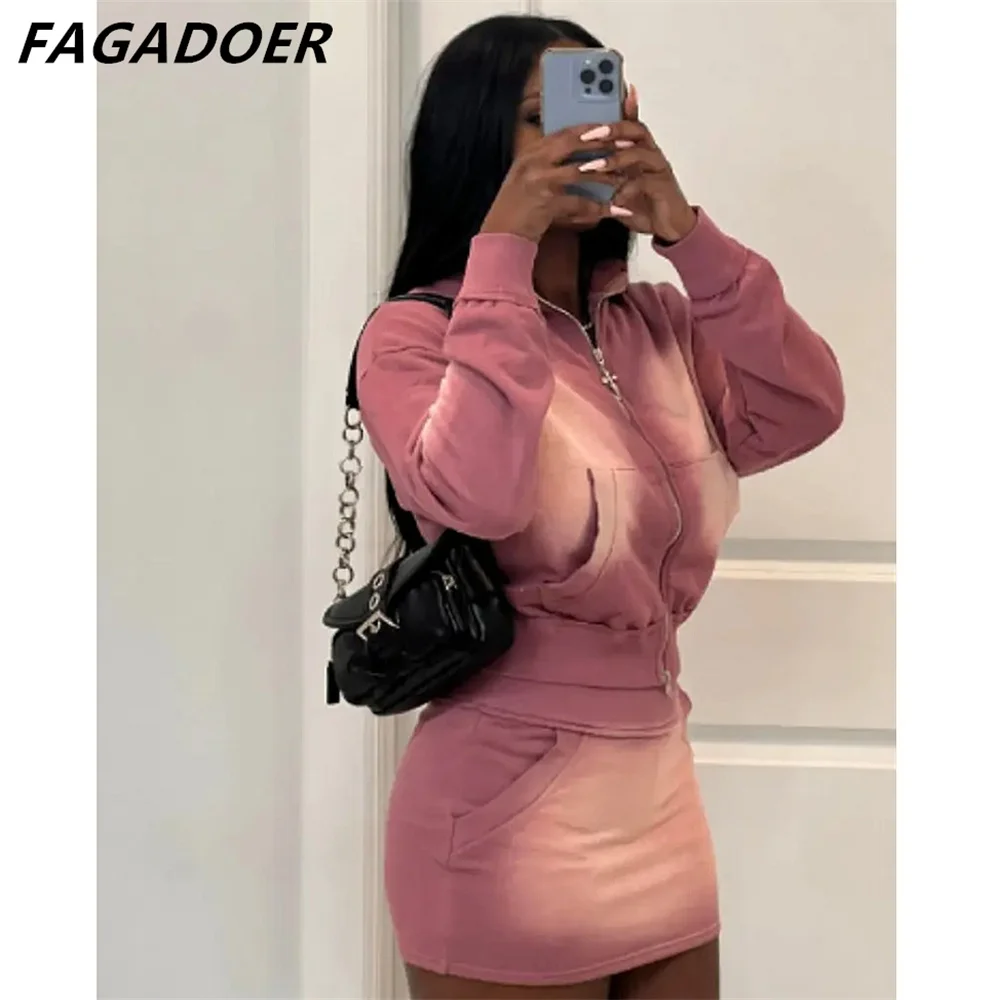 FAGADOER Pink Tie Dye Print Two Piece Sets Women Outfits Fashion Zip Pocket Long Sleeve Crop Top And High Waist Skirts Odzież