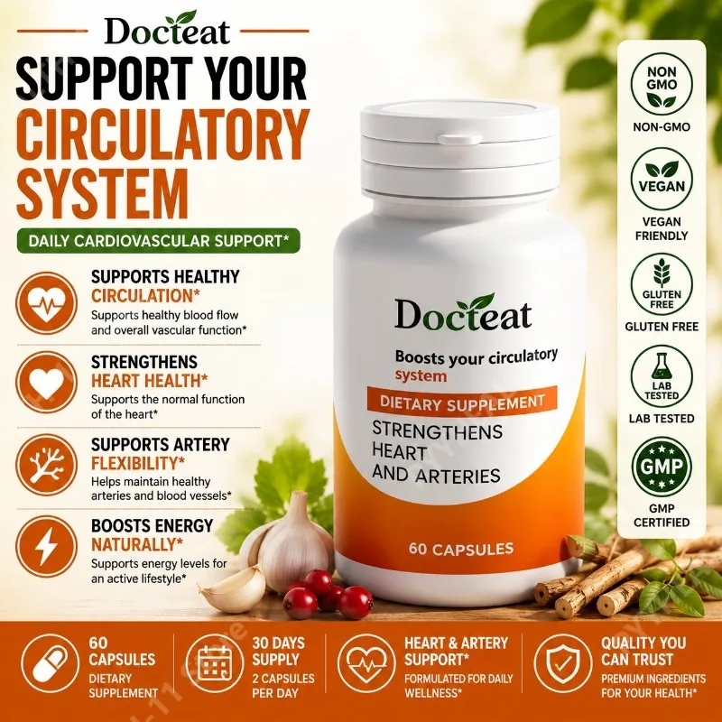 Docteat Circulation Support Capsules Daily Wellness with Garlic Extract Grape Seed 95% OPC Trans-Resveratrol 60 Capsules