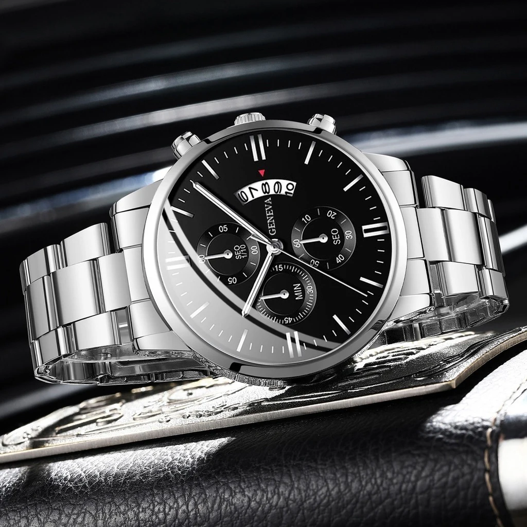 4Pcs/Set New Men's Temperament Watch Fashion Calendar Stainess Steel Business Watch With Bracelet Necklace Ring Set