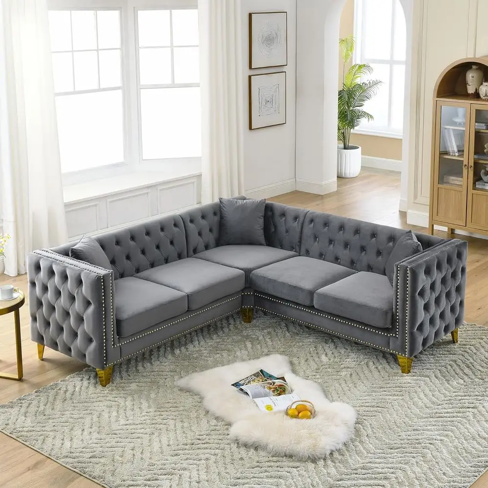 

82.2 Oversized L-Shaped Velvet 5-Seater Sofa with 3 Pillows, Solid Wood Frame and Sturdy Legs, Ideal for Living Room, Bedroom, o