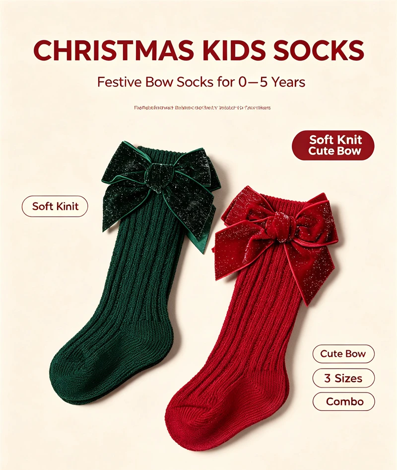 2 Paar/Set Weihnachts-Kniestrümpfe für Kleinkinder und Kinder, Mädchen, niedliche große Schleife, Neujahrs-Baumwoll-Langsocken, weiche warme Beinwärmer – Detail 2