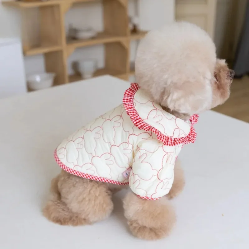 Rabbit Dog Cotton Coat Warm Winter Embroidered Parkas Cute Plaid Lapel Jackets Warm Coat Puppy Clothing Pet Clothing Teddy Bear