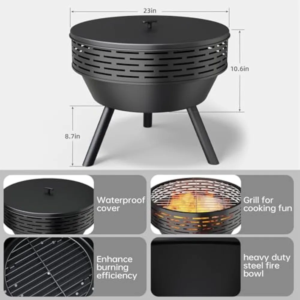 Braço de fogo externo resistente com grelha e tampa, tigela de aço de 23 polegadas para churrasco no quintal e uso no pátio