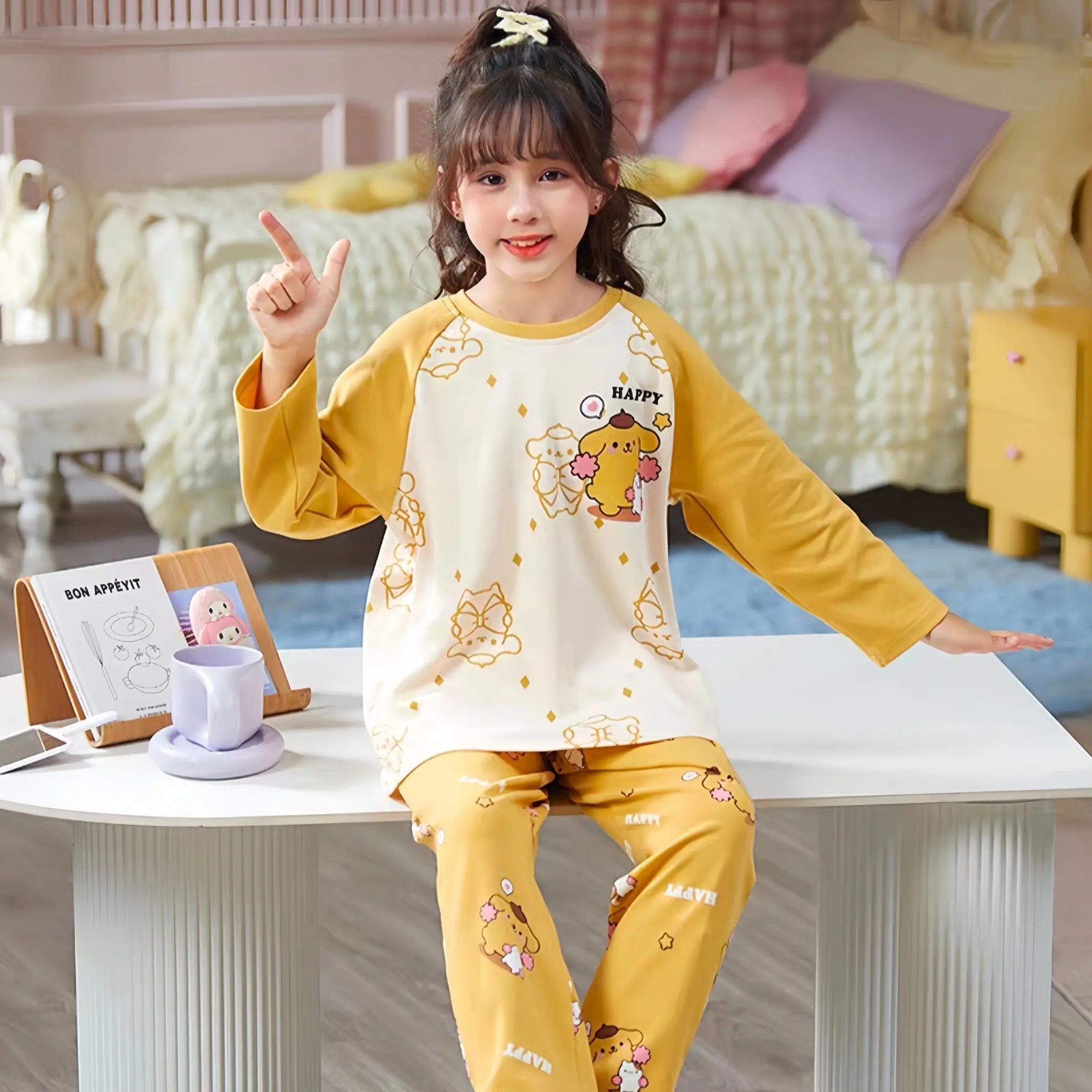 2 ชิ้นเด็ก Kuromi รูปแบบชุดนอน, เสื้อแขนยาวและชุดกางเกง, การ์ตูน Cinnamoroll พิมพ์ Loungewear, สบายๆสาวชุด