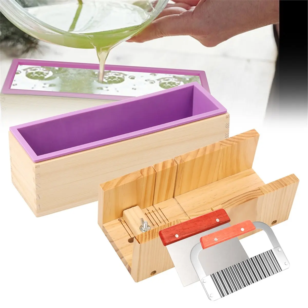 NEW 1.2L Soap Making Kit Soap Molds Wooden Silicone Soap Rectangular Mold with Stainless Steel Wavy and Straight Cutter