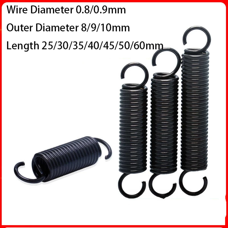 5pcs With Hook Spring Wire Diameter 0.8/0.9mm 65Mn Black Extension Springs Outer Diameter 8/9/10mm Length 25/30/35/40/45/50/60mm